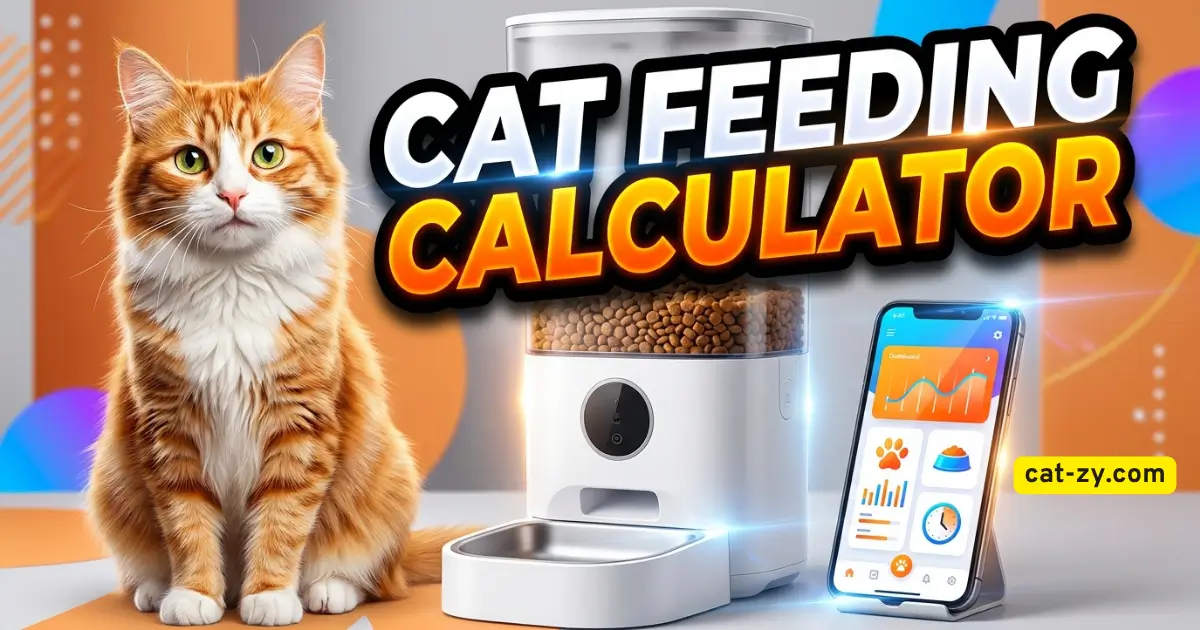 Smart cat feeding calculator dashboard on Cat-zy website displaying a customized meal plan with exact wet and dry food portions for an adult cat.