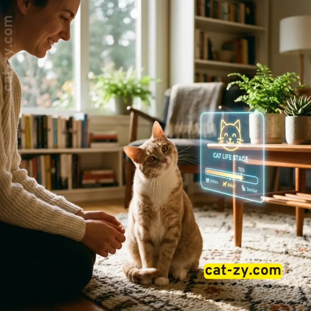 A curious cat looking at a digital cat-zy life stage calculator hologram.