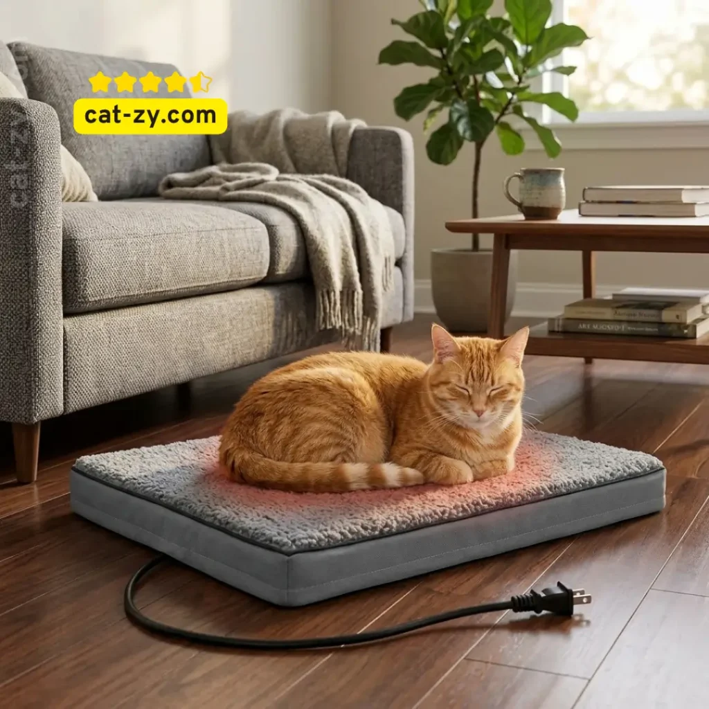 A cat relaxing on a heated orthopedic pet bed from cat-zy, useful for owners wondering about their pet comfort relative to a cat age in human years calculator.