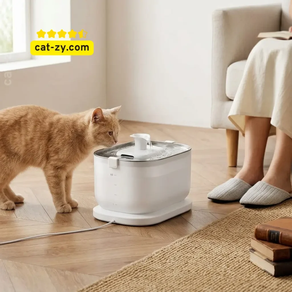 A cat drinking from a PETLIBRO water fountain, reviewed by cat-zy to help owners understand hydration needs, often discussed alongside a cat age in human years calculator.