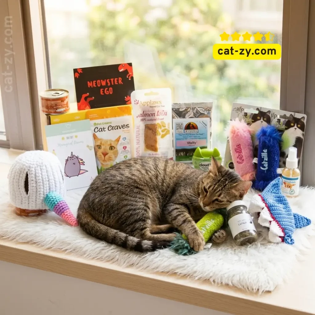 A photorealistic close-up of various high-quality cat toys, treats, and accessories from WhiskerBox, including Catzilla toys and Applaws salmon, carefully arranged on a fuzzy surface and reviewed by cat-zy. A brown tabby cat interacts playfully with the items.