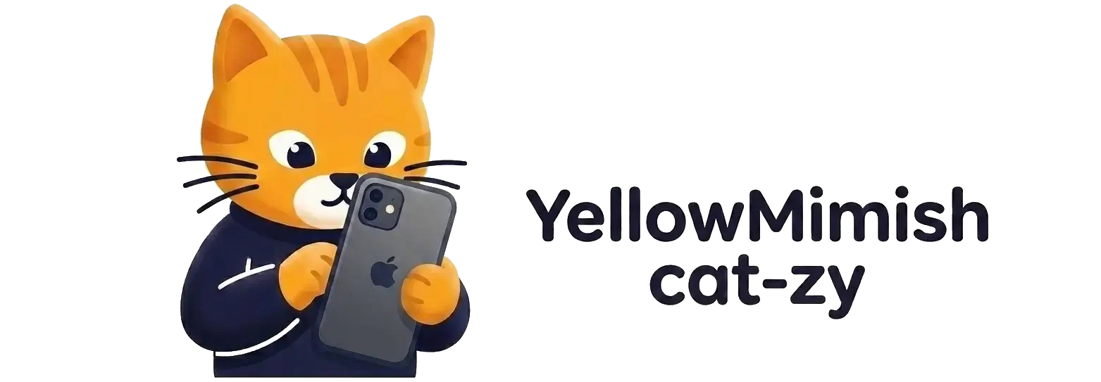 YellowMimish cat mascot holding a smartphone, official brand logo for cat-zy.