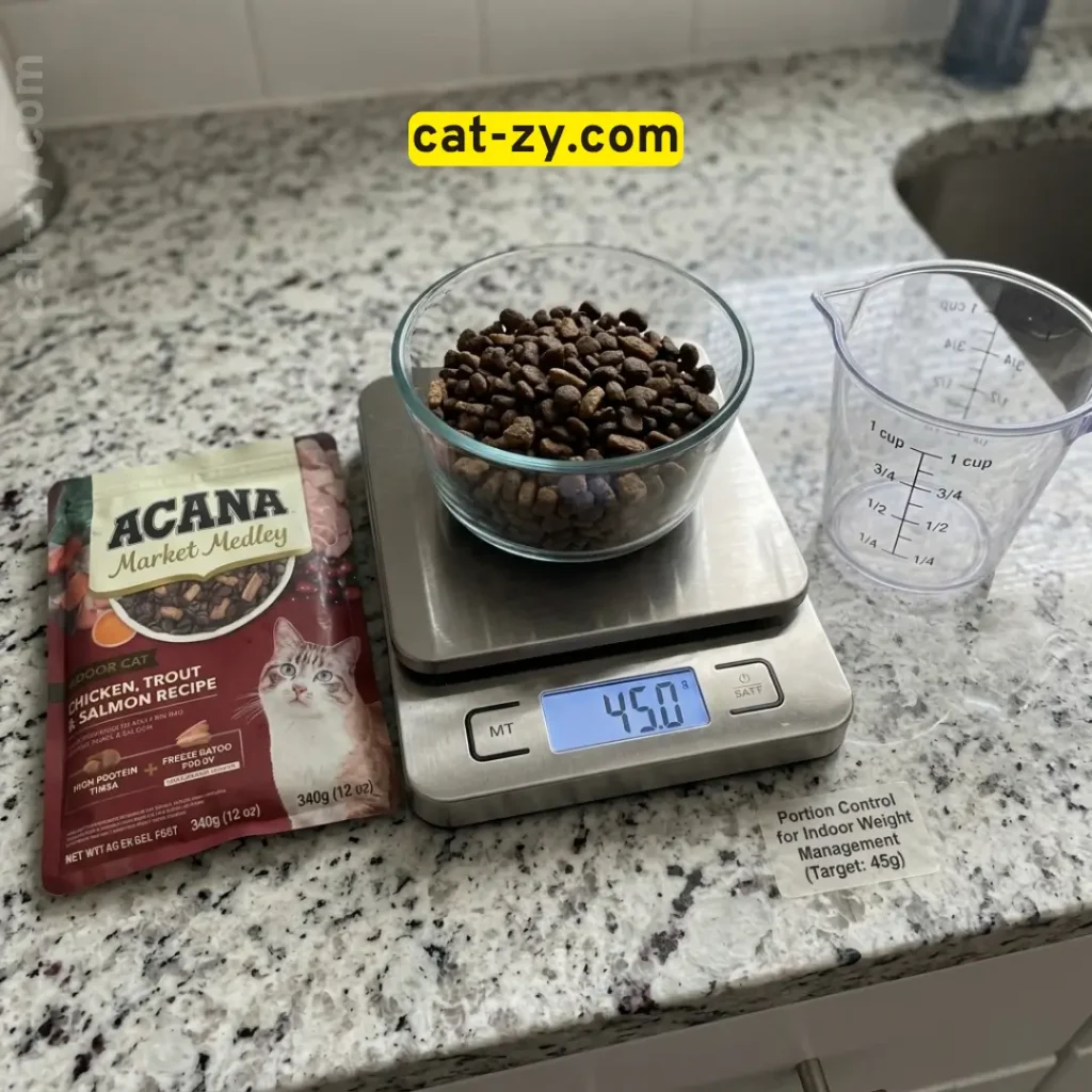Digital kitchen scale measuring a precise portion of Acana Market Medley indoor cat food by Cat-zy for daily portion control.