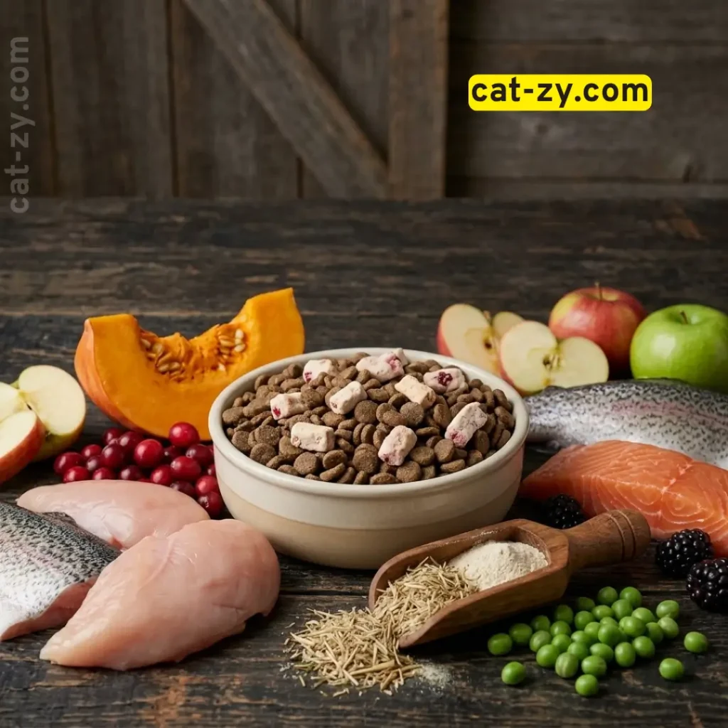 Ingredient breakdown of Acana Market Medley indoor cat food by Cat-zy including chicken, salmon, trout, pumpkin, and pea fiber.