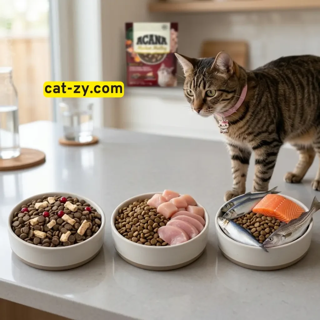 Lineup comparison of Acana Market Medley indoor cat food by Cat-zy alongside Acana Free-Run Poultry and Fish recipes.