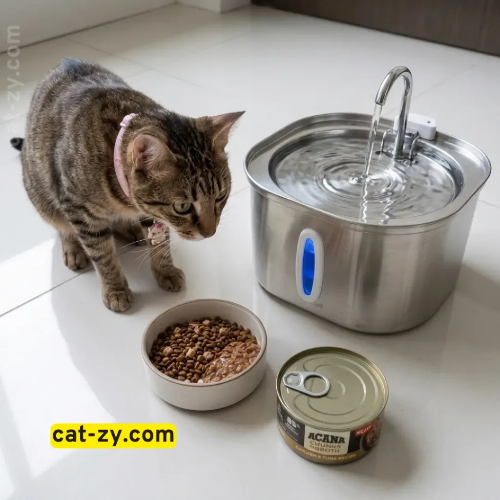 Tabby cat sitting near a mixed feeding bowl of Acana Market Medley indoor cat food kibble and wet food, alongside an unopened Acana can and stainless steel water fountain by Cat-zy.