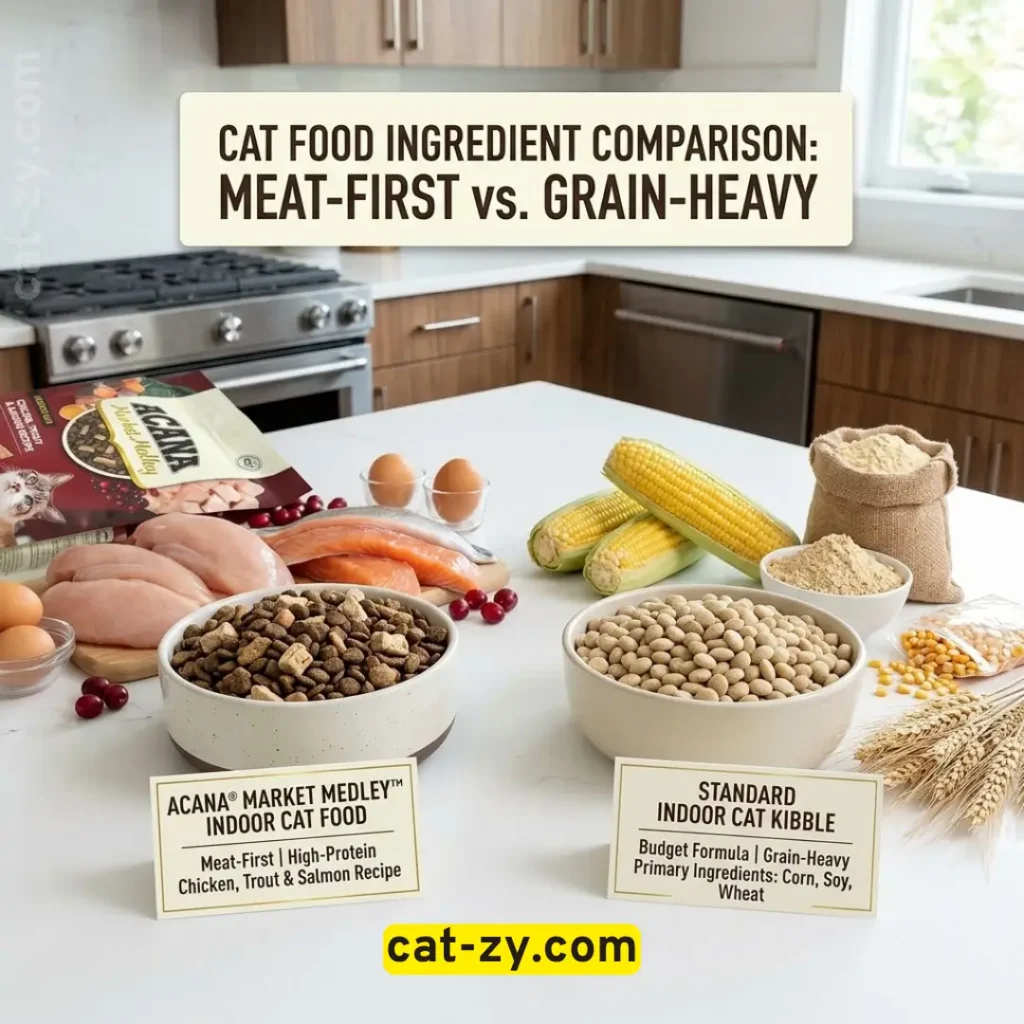 Comparison of high-protein Acana Market Medley indoor cat food by Cat-zy next to a grain-based competitive indoor cat kibble.