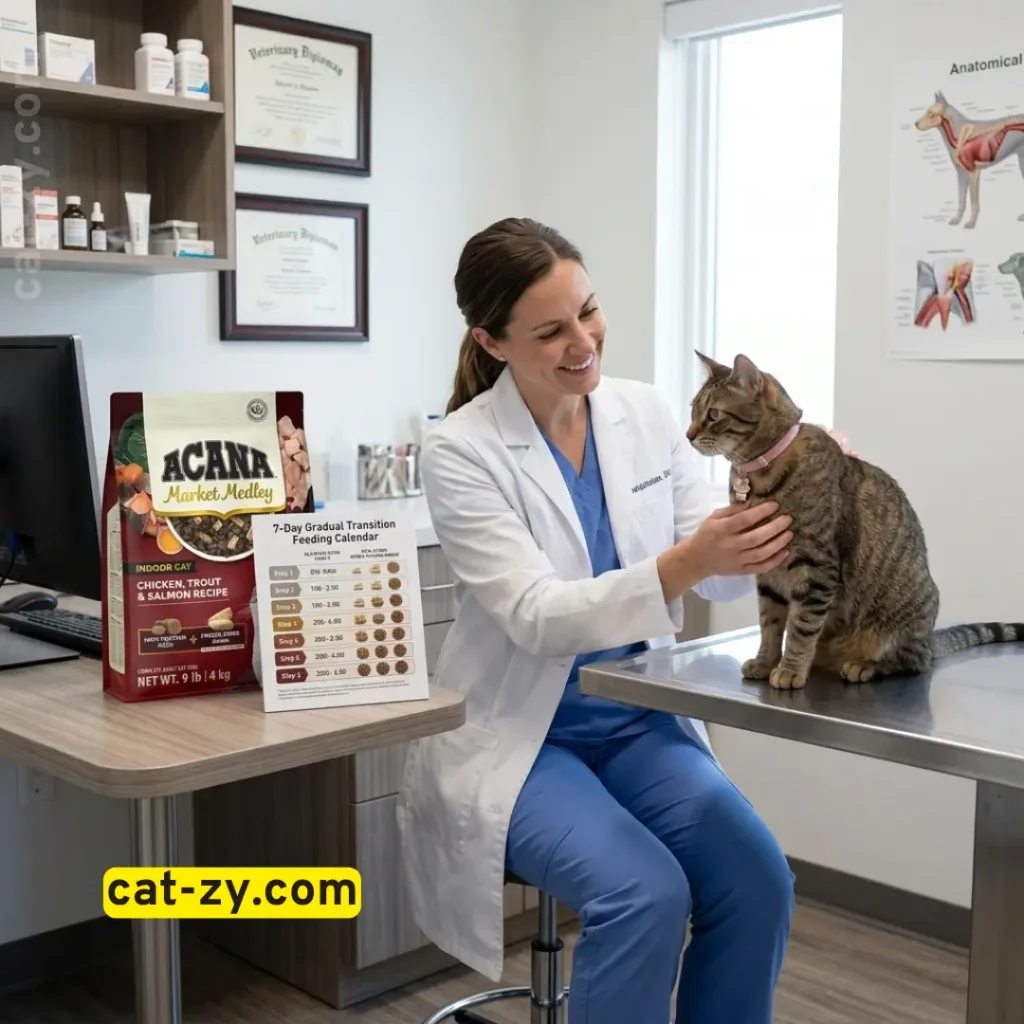 Veterinarian reviewing a gradual 7-day diet transition plan for Acana Market Medley indoor cat food by Cat-zy.