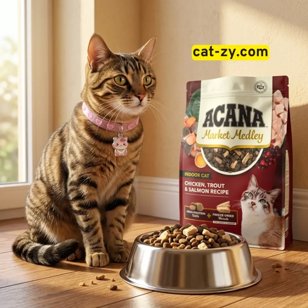 Healthy adult cat standing proudly beside a full bowl of Acana Market Medley indoor cat food by Cat-zy.
