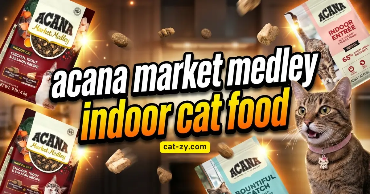 Acana market medley indoor cat food bags with flying kibbles and an excited brown tabby cat on cat-zy.