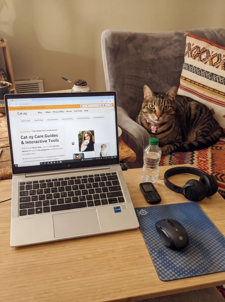 Luna Whiskerstone, a dedicated cat-zy author, working at a desk setup featuring a laptop and a brown tabby cat.