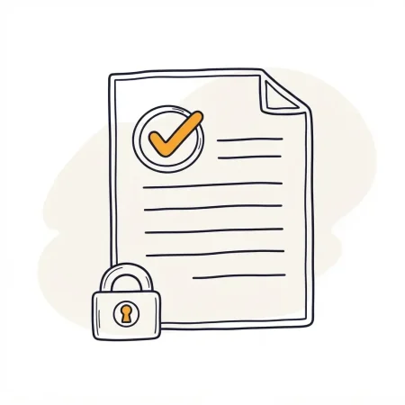 A hand-drawn line art icon representing Privacy Policy Cat-zy, featuring a secured document with a checkmark badge and a padlock.